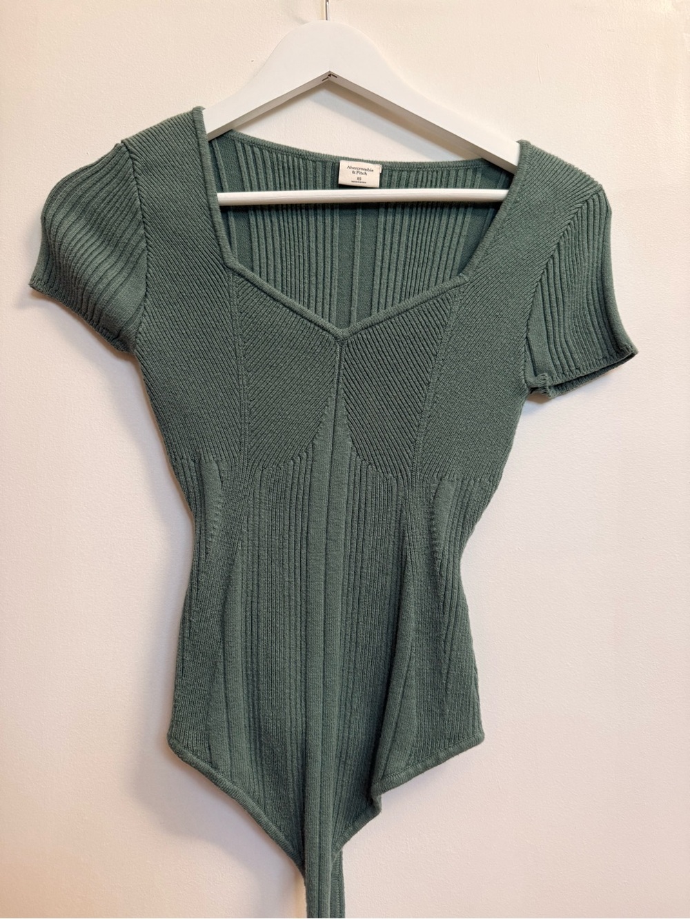 Abercrombie & Fitch Sage Green Ribbed V-Neck Short Sleeve Bodysuit